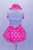 Silver sequined leotard dress has attached skirt with bright pink satin polka dot overlay on white ruffled tricot. Has bow at the back, halter ruffle & hair bow. Back