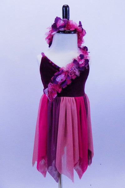 Empire waist dress has burgundy velvet base with organza floral ribbon, crystaled straps & skirt of alternating rose-pink-mauve mesh. Has matching hair band. Front
