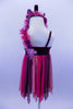 Empire waist dress has burgundy velvet base with organza floral ribbon, crystaled straps & skirt of alternating rose-pink-mauve mesh. Has matching hair band. Back