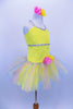 Sequin mesh overlays front bodice of  camisole leotard with silver braid trim. Rainbow sparkle tulle rests on yellow tricot tutu. Roses accent waist and hair. Right side