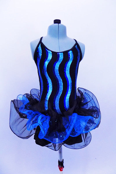 Blue sequin wave pattern covers the bodice of camisole biketard. Three-tiered glitter tulle skirt has a black & blue curly hem. Comes with top hat & gloves. Front