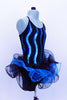 Blue sequin wave pattern covers the bodice of camisole biketard. Three-tiered glitter tulle skirt has a black & blue curly hem. Comes with top hat & gloves. Right side