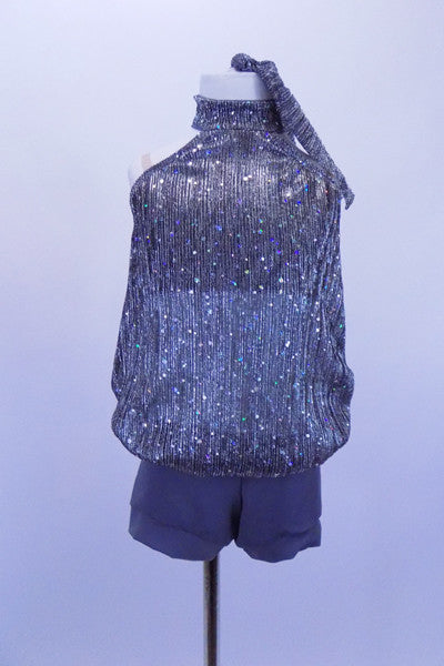 Unique leotard has grey banded shorts with sheer silver-iridescent blouson bodice with high halter collar & nude straps. Comes with matching hair accessory. Front
