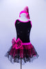 Tank biketard has sparkling black bodice with cerise binding. Attached skirt is black lace & cerise petticoat. Comes with zebra splatter print top & headband. Front without crop-top