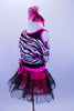 Tank biketard has sparkling black bodice with cerise binding. Attached skirt is black lace & cerise petticoat. Comes with zebra splatter print top & headband. Left side