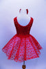 Red tank leotard dress has sequined bodice with large bow with blue star applique, Skirt is layers of white tricot with red polka dot mesh & matching hair piece. Back
