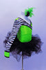Neon green asymmetrical sequined one shoulder leotard with zebra print sleeve and bodice accent. Comes with black tutu skirt and matching feather hair accessory. Right side