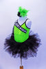Neon green asymmetrical sequined one shoulder leotard with zebra print sleeve and bodice accent. Comes with black tutu skirt and matching feather hair accessory. Left side