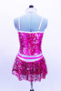 Fuchsia metallic biketard base has silver halter collar & attached, silver-fuchsia fully sequined peek-a-boo bodice & skirt. Has matching hair accessory & belt. Back