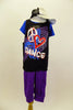 Peace-Heart-Dance off-the-shoulder tank top covers blue sequin half-top & compliments the purple cuffed pants. Includes silver sequin  hat, blue mitts & hair ties. Front