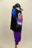 Peace-Heart-Dance off-the-shoulder tank top covers blue sequin half-top & compliments the purple cuffed pants. Includes silver sequin  hat, blue mitts & hair ties. Right side
