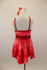 Marbled red-crimson tunic has halter collar with red binding & ring accent at front that attaches to back cross straps,.Comes with belt, shorts & hair accessory. Back