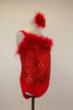 Red leotard has sequined bodice with marabou trim and a large jeweled bow at front. Comes with matching jeweled bow/feather hair accessory. Right side