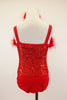 Red leotard has sequined bodice with marabou trim and a large jeweled bow at front. Comes with matching jeweled bow/feather hair accessory. Back