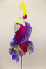 Magenta camisole biketard has crystals & feather accents. Asymmetrical  purple & yellow ruffle crosses the bodice & open front bustle. Has yellow hair feather. Right side