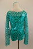 Aqua camisole biketard  has a matching sheer sequined long sleeved loose fit top that acts as a light cover and accent piece. Comes with floral  hair accessory. Back