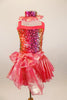 Iridescent coral organza full skirt & ties wrap the waist in a front bow. Rainbow sequin sparkles cover the bodice. Has sequin mesh choker with organza ruffle. Front