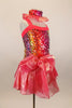 Iridescent coral organza full skirt & ties wrap the waist in a front bow. Rainbow sequin sparkles cover the bodice. Has sequin mesh choker with organza ruffle. Right side