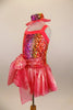 Iridescent coral organza full skirt & ties wrap the waist in a front bow. Rainbow sequin sparkles cover the bodice. Has sequin mesh choker with organza ruffle. Left side