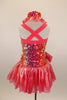 Iridescent coral organza full skirt & ties wrap the waist in a front bow. Rainbow sequin sparkles cover the bodice. Has sequin mesh choker with organza ruffle. Back