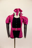 Hot Pink sequined leotard has keyhole back, mandarin collar & pouf sleeves with black mesh arms. Torso has black velvet inset with crystal button detail & belt. Front