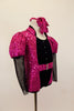 Hot Pink sequined leotard has keyhole back, mandarin collar & pouf sleeves with black mesh arms. Torso has black velvet inset with crystal button detail & belt. Right side