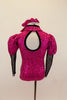 Hot Pink sequined leotard has keyhole back, mandarin collar & pouf sleeves with black mesh arms. Torso has black velvet inset with crystal button detail & belt. Back