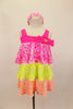Three tiered, ruffle biketard is neon pink, yellow and orange sequin stretch mesh. The neon pink neckline has a jeweled bow. Comes with sequined hair band. Front