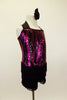 Black and fuchsia sequined dress has vertical swirl pattern. Skirt is triple layered black fringe  Comes with matching fringed gauntlets & hair accessory. Right side