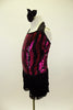 Black and fuchsia sequined dress has vertical swirl pattern. Skirt is triple layered black fringe  Comes with matching fringed gauntlets & hair accessory. Left side