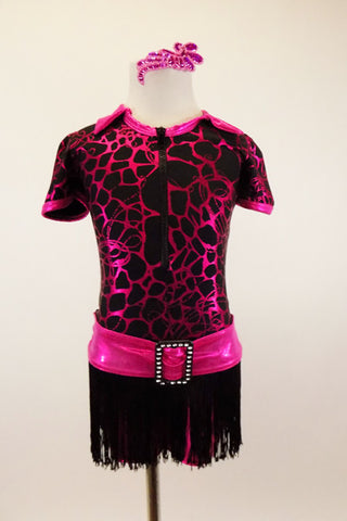 Black based short unitard has zip front, key-hole back & shiny fuchsia pattern print. Has  metallic shorts, fringe skirt, sequined boot covers & hair accessory. Front