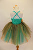 Aqua  jewel-tone tutu dress has sequin spandex front with cross straps. Skirt is glitter ombré tulle & soft aqua  beneath. Has gold flower at waist & for hair. Back