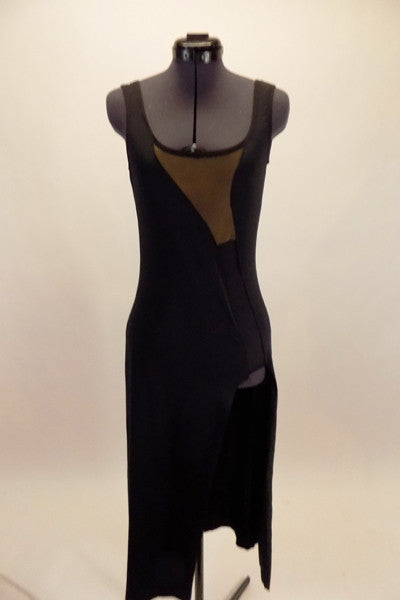 Black stretch asymmetrical bottom tank dress has mesh swirl inserts and large side slit. Simple elegant style  on stage. Front