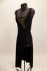 Black stretch asymmetrical bottom tank dress has mesh swirl inserts and large side slit. Simple elegant style  on stage. Left side