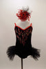 Black velvet leotard dress has hand painted red flames on front bodice. Side open to the back with tulle bustle & the red metallic tie back. Has hair accessory. Front
