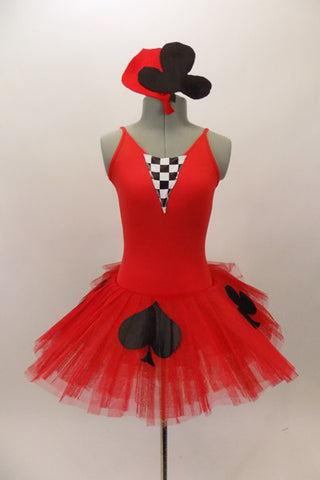 Red tutu dress has Black spade and club accents on skirt and checkered accent at bodice. Comes with matching hair accessory. Front