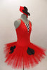 Red tutu dress has Black spade and club accents on skirt and checkered accent at bodice. Comes with matching hair accessory. Right side