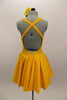 Yellow, halter leotard dress has cross straps and low back. The wide waistband separates bust area & skirt with tulle underlay. Comes with rose hair accessory. Back
