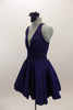Navy, halter leotard dress has cross straps and low back. Wide waistband separates the bust area & skirt with tulle underlay. Comes with rose hair accessory. Side