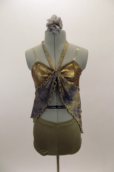 Gold bra top has “V” halter neck strap & attached grey-blue and taupe marbleized kerchief accent attached to bra. Has matching taupe shorts & hair accessory. Front