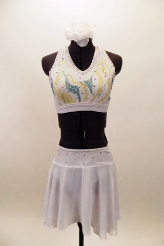 White velvet halter half-top has double back-straps with Swarovski crystal accents & hand painted designs.Matching bottom is has attached chiffon skirt. Front