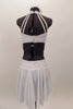 White velvet halter half-top has double back-straps with Swarovski crystal accents & hand painted designs.Matching bottom is has attached chiffon skirt. Back