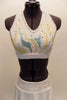 White velvet halter half-top has double back-straps with Swarovski crystal accents & hand painted designs.Matching bottom is has attached chiffon skirt. Front zoomed
