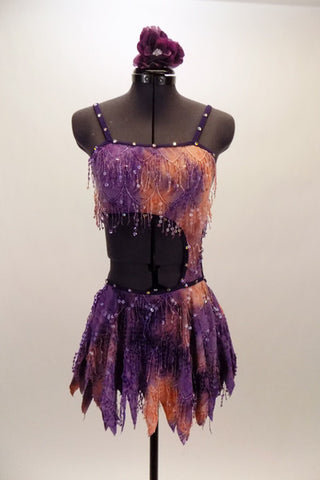 Lavender, purple & blush pink  asymmetrical costume. 2 pieces are joined at left torso & adorned with dangling sequins. Has matching hair accessory. Front