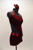 Deep red velvet two-piece costume with red sparkle & metallic accents accents, comes with asymmetrical kerchief top to match shorts. Has flower hair accessory. Right side
