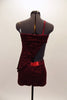 Deep red velvet two-piece costume with red sparkle & metallic accents accents, comes with asymmetrical kerchief top to match shorts. Has flower hair accessory. Back