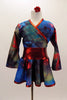 Kimono style two-piece costume is a mixture of varying shades of blue, grey and red with red metallic sash and piping. Comes with separate panties & chopsticks. Front