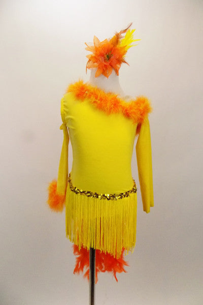 Yellow velvet long sleeved, one shoulder dress has fringe skirt and orange marabou trim. Back has a long orange feather boa tail. Comes with matching hair accessory. Front