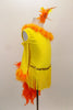 Yellow velvet long sleeved, one shoulder dress has fringe skirt and orange marabou trim. Back has a long orange feather boa tail. Comes with matching hair accessory. Right side