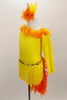 Yellow velvet long sleeved, one shoulder dress has fringe skirt and orange marabou trim. Back has a long orange feather boa tail. Comes with matching hair accessory. Left side